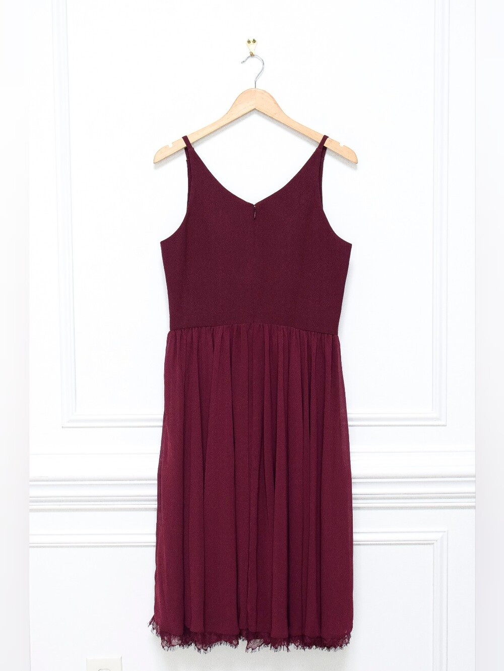 Dress The Population Alicia Dress Burgundy Chiffon Fit & Flare Lace Trim Size L - Picture 6 of 11